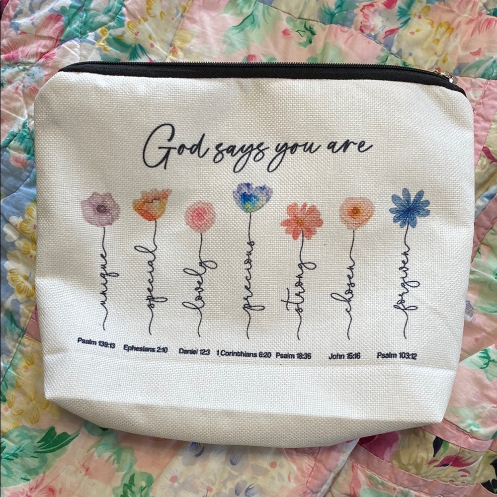 White Minimalist Cosmetic Bag with Inspirational Text
